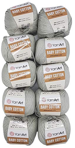 10 x 50g Strickwolle YarnArt Baby Cotton mit 50% Baumwolle, 500 Gramm Wolle einfarbig (grau 451) - Geschenkapp