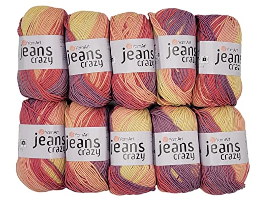 10 x 50g Strickwolle YarnArt Jeans Crazy mit 55% Baumwolle, 500 Gramm Wolle mit Farbverlauf mehrfarbig (flieder rosa cremeweiß 8206) - Geschenkapp