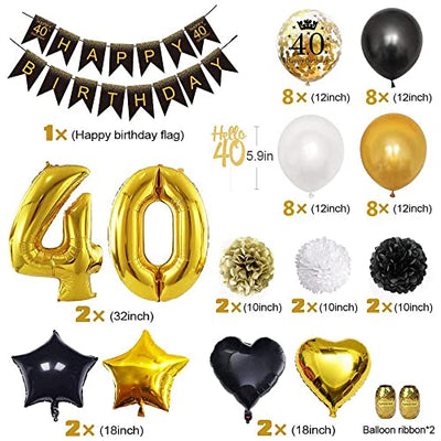 40 Geburtstag Deko Schwarzes Gold,Luftballons 40. Geburtstag Mann Frauen mit Geburtstagsdeko 40 Happy Birthday Banner,Deko 40. Geburtstag Konfetti Luftballons für 40 Geburtstag Dekoration Mehrweg - Geschenkapp