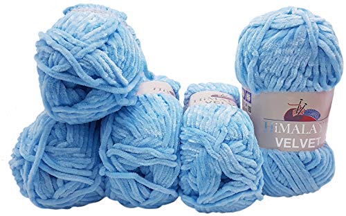 5 x 100 Gramm Himalaya Velvet Micro-Polyester Strickwolle , Babywolle samtig 500 Gramm Wolle (blau 90006)
