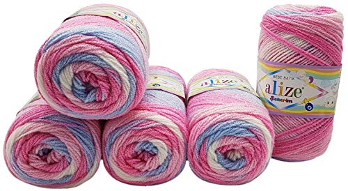 5 x 100g Babywolle Bebe Batik mehrfarbig, 500 Gramm Wolle zum Stricken und Häkeln (blau rosa weiß 7253) - Geschenkapp