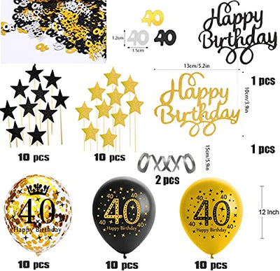 55 Stück 40 Geburtstag Deko,40 Geburtstag Deko Schwarz Gold,Schwarz Luftballons Gold Konfetti Luftballons mit Happy Birthday Cake Topper,40 Deburtstag Party Dekoration Mann Frau - Geschenkapp