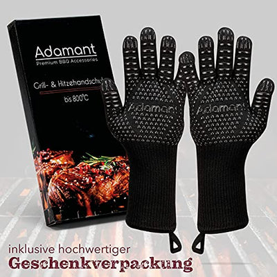 Adamant ® Grillhandschuhe mit innovativem Hitzeschutz bis zu 800°C - Mit EN407 Zertifizierung - Universalgröße - Rutschfeste Silikonbeschichtung - Extra langer Saum - Geschenkapp