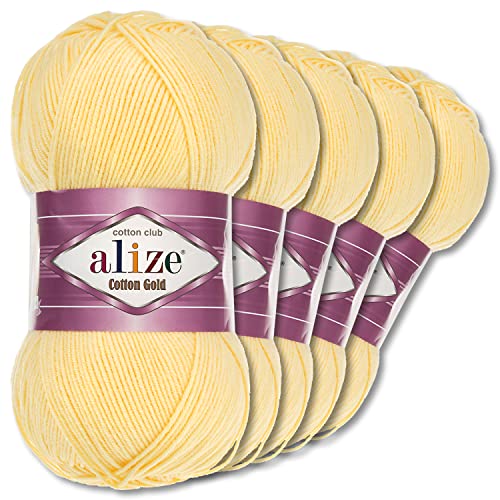 Alize 5 x 100 g Cotton Gold Premium Wolle| 39 Farben Sommerwolle Garn Stricken Amigurumi (187 | Hellgelb)