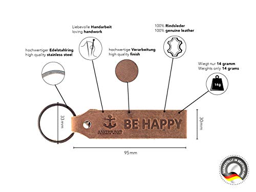 ANKERPUNKT Schlüsselanhänger Leder mit Gravur Be Happy - Geschenke für Frauen & Männer Geschenk Glücksbringer, Schlüsselanhänger Auto - dunkelbraun Made in Germany