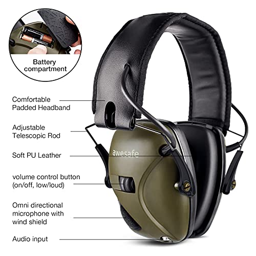 awesafe Elektronischer Schieß-Ohrenschützer, GF01 Lärmminderung Klangverstärkung Elektronischer Gehörschutz, Gehörschutz, NRR 22 dB, Ideal zum Schießen und Jagen (Grün)