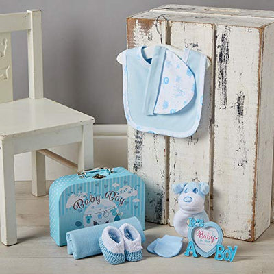 Baby Geschenkset für Jungen - von Hand Verpacktes Baby Geschenk Junge in Erinnerungskiste - Geschenkset Baby mit Weicher Spielzeugrassel, Fotorahmen, Mullwindel, Lätzchen, Socken, Handschuhe & Mütze