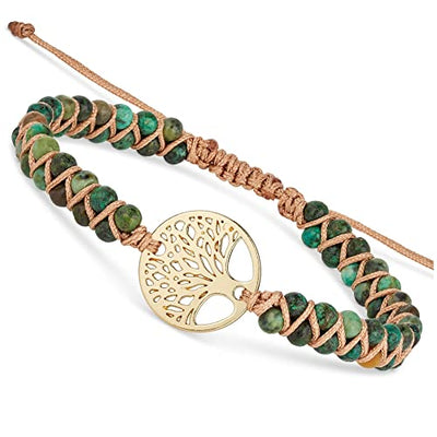 BENAVA Damen Yoga Armband Jaspis Edelstein Perlen Bunt mit Lebensbaum Anhänger | Damenarmband Meditation | Glücksarmband Boho Hippie Schmuck Bracelet | 16-24 cm
