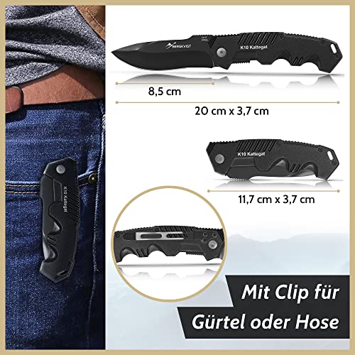 BERGKVIST® K10 Klappmesser (Zweihandmesser) - scharfes Taschenmesser für Outdoor & Survival mit Schleifstein & Tasche - Mitführen in Deutschland erlaubt