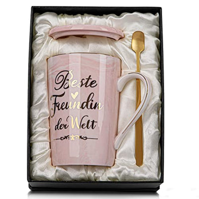 Beste Freundin Geschenke für Frauen, Beste Freundin der Welt Tasse – Geschenke für Freundinnen Geburtstag, 400ml Rosa Keramik Kaffeetasse mit Deckel, Goldenem Löffel und Exquisite Geschenkbox