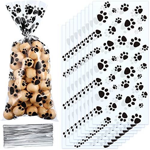 Blulu Haustier Pfote Drucken Kegel Zellophan Taschen Heißsiegelbare Treat Süßigkeiten Taschen Hunde Geschenk Taschen Katze Treat Taschen mit 100 Stück Silber Drehung Krawatten (100 Stück)