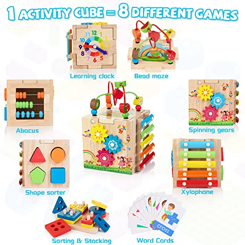 Bravmate Aktivitätswürfel aus Holz, 8-in-1 Montessori Lernspielzeug aus Holz für 12 Monate + Kleinkinder, einjähriges Geschenk zum Geburtstag, Babyspielzeugset mit Bonus-Sortier- und Stapelbrett