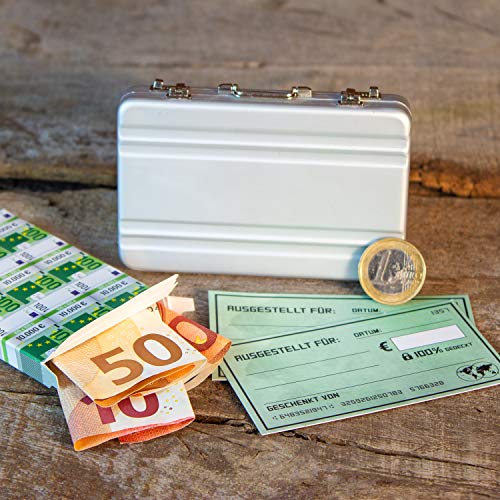 Chroma Products Geldkoffer als Geldgeschenk oder für Gutscheine - Mini Aktenkoffer aus Aluminium mit Schnappverschluss, Geldstapel und Grußkarte - Ideal auch für Hochzeitsgeschenke