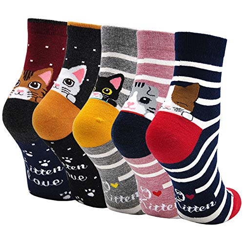 Damen Bunte Socken Lustige Socken mit Motiv Karikatur Tier Witzige Niedlich Katze Hund Coole Socken Baumwolle Weihnachten Geschenkideen für Frauen Mädchen 5 Paare, EU 35-42, 1.kätzchen - Geschenkapp