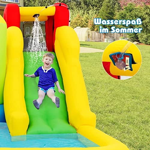 DREAMADE Aufblasbare Hüpfburg, Wasserspielcenter mit Rutsche & Sprungbereich, 350 x 280 x 190 cm Wasserpark mit Planschbecken für Kinder 3-10 Jahre (ohne Gebläse) - Geschenkapp