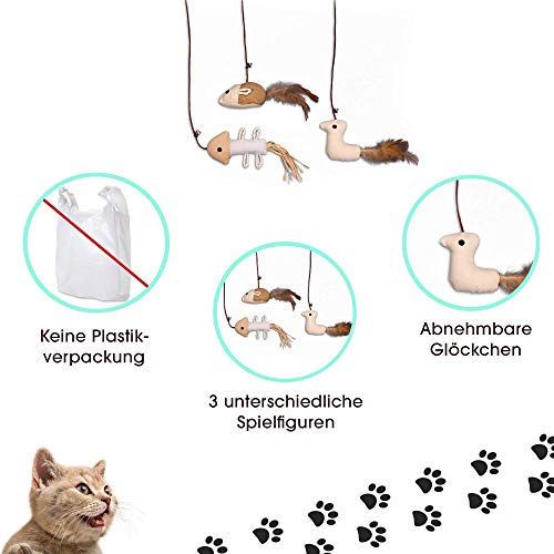 ecoworks Premium Katzenspielzeug |natürliche robuste Spielangel mit Maus | Stofftier 3er Set zur Katzenbeschäftigung | Kratzspielzeug | Geschenkbox | interaktives Zubehör | natürlichen Fasern & Federn - Geschenkapp