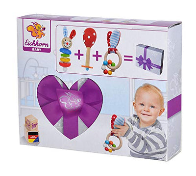 Eichhorn 100017045 - Baby Starter/Geschenke Set mit Maraca, Greifling mit Sound und Greifling mit Hasenmotiv, 3-teilig, ab 3 Monaten - Geschenkapp