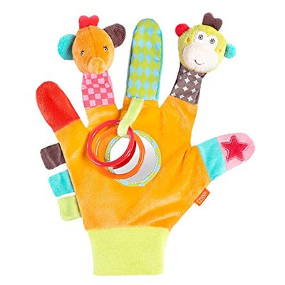 Fehn Spielhandschuh Safari – Fingerpuppen Baby Spielzeug Affe und Elefant zum Greifen und Geräusche erzeugen – Handpuppen für Kinder und Babys ab 0+ Monaten - Puppenhandschuh mit Greifling und Rassel - Geschenkapp