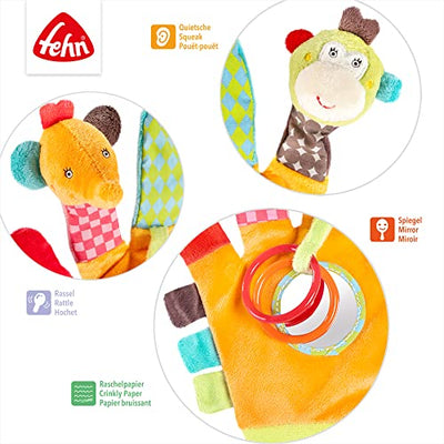 Fehn Spielhandschuh Safari – Fingerpuppen Baby Spielzeug Affe und Elefant zum Greifen und Geräusche erzeugen – Handpuppen für Kinder und Babys ab 0+ Monaten - Puppenhandschuh mit Greifling und Rassel - Geschenkapp
