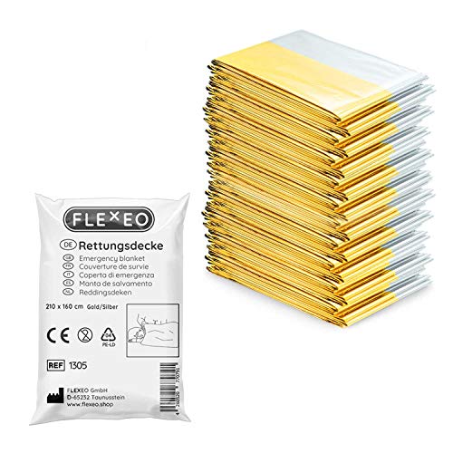 FLEXEO 10x Rettungsdecke Gold Silber - 210cm x 160cm - Rettungsfolie - Notfall - Erste-Hilfe-Decke - Notfalldecke - Rettungsdecken - Emergency Blanket - Goldfolie - Silberfolie - Geschenkapp