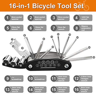 FRECOO Fahrrad Multitool, Fahrrad Werkzeug Tool 16-in-1-Multifunktions Fahrrad Werkzeug Reparaturset für Fahrrad Reparatur, Werkzeugset Fahrrad mit Reifenheber, Selbstklebendes Fahrradflicken usw - Geschenkapp