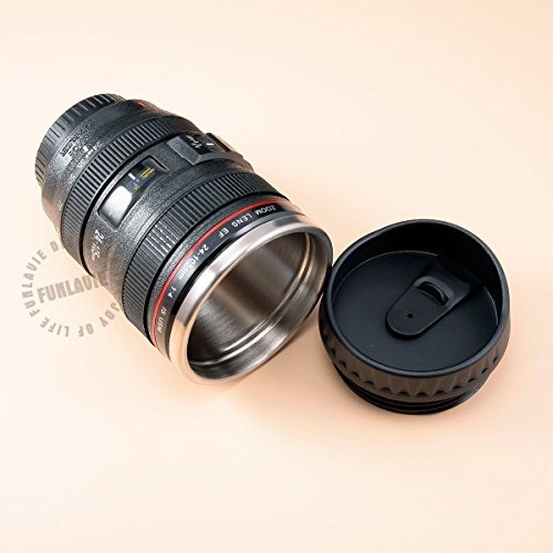 FUNLAVIE Kameraobjektiv Design Trinkbecher Isoliertasse kamera kaffeetasse Deckel in Linsenoptik 400 ml schwarz - Geschenkapp