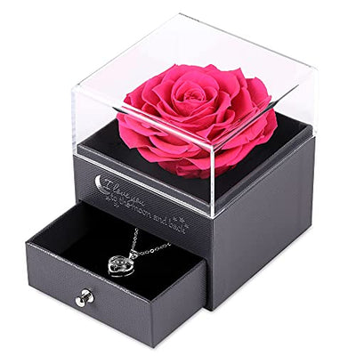 Geschenke für sie konservierte echte Rose Schublade Ewige handgemachte konservierte Rose mit Halskette 100 Sprachen Geschenk, verzauberte echte Rose Blume zum Valentinstag Muttertag (Hot Pink) - Geschenkapp