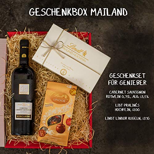 Geschenkset Mailand | Geschenkkorb gefüllt mit Rotwein & Lindt Pralinen | Wein und Schokolade Präsentkorb für Frauen & Männer zu Geburtstag, Muttertag, Vatertag - Geschenkapp