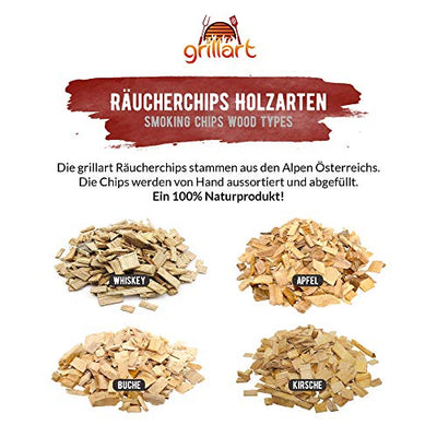 grillart® Premium BBQ Räucherchips Mix 4er XL Set für das besondere Raucharoma – sehr rauchaktives Räucherholz/Holzhackschnitzel – Vorteilspack 4X 750g Beutel - Geschenkapp
