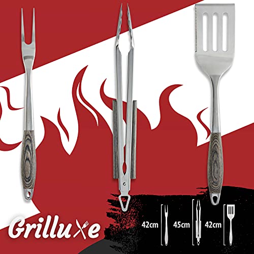 Grilluxe® Premium Grillbesteck Set, 3-teilig | Deluxe BBQ Tool Set | Pakkaholz + Edelstahl | Extra lang | Grillzange + Grillwender + Fleischgabel | Grills und Backöfen | Integrierter Flaschenöffner - Geschenkapp
