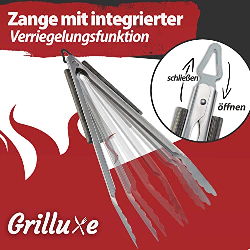 Grilluxe® Premium Grillbesteck Set, 3-teilig | Deluxe BBQ Tool Set | Pakkaholz + Edelstahl | Extra lang | Grillzange + Grillwender + Fleischgabel | Grills und Backöfen | Integrierter Flaschenöffner - Geschenkapp