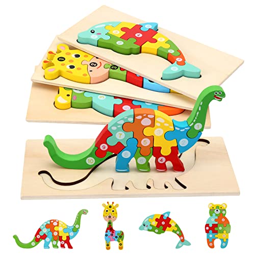 Holzpuzzle für Kleinkinder von 1-3 Jahren, Montessori-Spielzeug für Kinder ab 2 Jahren, lernendes pädagogisches Holzpuzzle-Spielzeug, Geschenk für 1 2 3 jährige Jungen und Mädchen - 4er-Pack - Geschenkapp