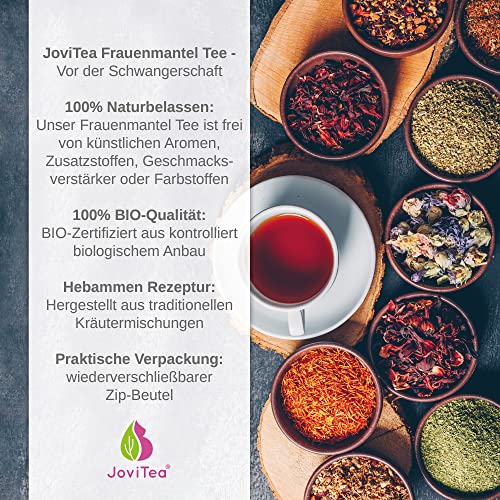 JoviTea® Frauenmanteltee BIO, geeignet vor der Schwangerschaft, wird meist in der 2. Zyklushälfte getrunken, geerntet in Deutschland, 100% natürlich und ohne Zusatz von Zucker - 80g - Geschenkapp