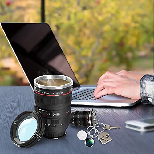 Kaffeebecher Objektiv Becher Tasse set, Auslaufsicherer Kamera Reisebecher aus Edelstahl, Schlüsselanhänger für Mini-Kameraobjektivbecher und Kamerablende Linsenbecher für Fotografen - Geschenkapp
