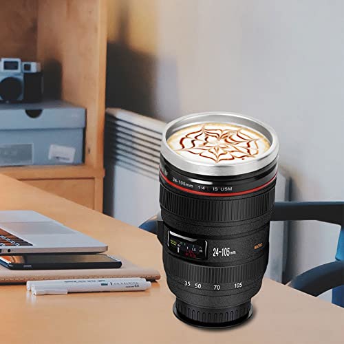 Kaffeetasse mit Löffel, Kamera-Objektiv-Kaffeetassen Becher Tasse mit Deckel-Edelstahl-Trommel-Schale Auslaufsicherer Breiter Mund für Kaffee-Milch-Tee, Cano EF24-105mm f/4l - Geschenkapp