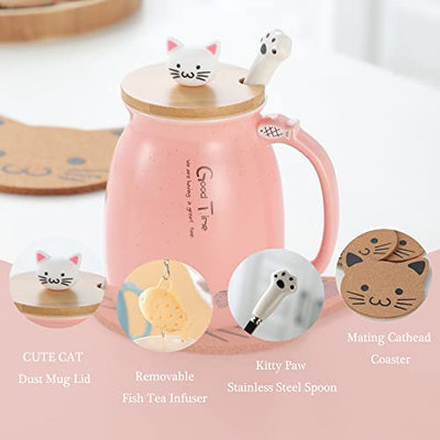 Katzen-Tasse Süße Keramik Kaffeetasse mit deckel,Edelstahl Löffel, Neuheit Morgen Cup Tee Milch Weihnachten Becher Geschenk 380ML (Rosa) - Geschenkapp