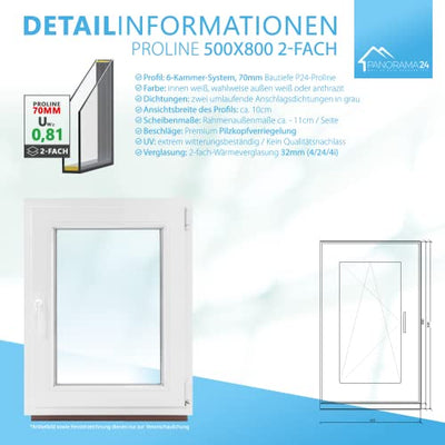 Kellerfenster Kunststofffenster weiß, BxH: 50 x 80 cm / 500 x 800 mm 2-fach Verglasung (32 mm) Dreh-Kipp inkl. Pilzkopfverriegelung, DIN Links (Griff Rechts), 70 mm Profil - Geschenkapp