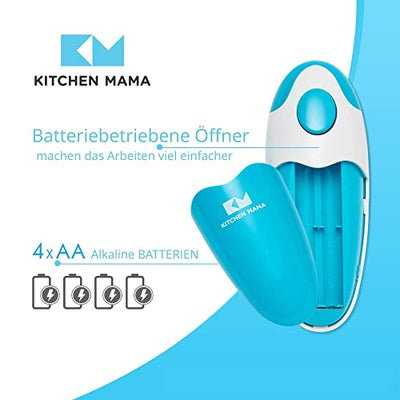 Kitchen Mama Elektrischer Dosenöffner - Konservenöffner mit Start & Stopp Funktion, glatte Kanten, ergonomisch, handfreundlich, ideal für Menschen mit Arthritis, kompaktes kabelloses Design - Blau - Geschenkapp