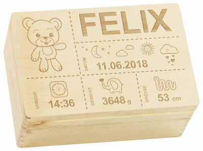 LAUBLUST Erinnerungsbox Baby Personalisiert - Teddybär - Geschenk zur Geburt | M - ca. 30x20x14cm, Holzkiste Natur FSC® - Geschenkapp