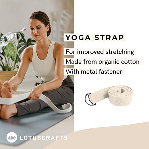 Lotuscrafts Yogagurt - 100% Baumwolle (kbA) - für bessere Dehnung - für Anfänger und Fortgeschrittene - Yoga Gurt mit Verschluss aus Metall [250 x 3,8 cm] - Geschenkapp