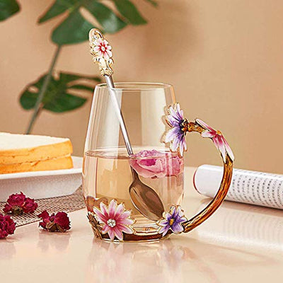 Luka Tech handgemachte Emaille Schmetterling Blume Glas Kaffeetassen Teetasse mit Löffel,personalisierte Geschenke für Frauen freundin Geburtstag Mutter Valentinstag Muttertag muttertagsgeschenk - Geschenkapp