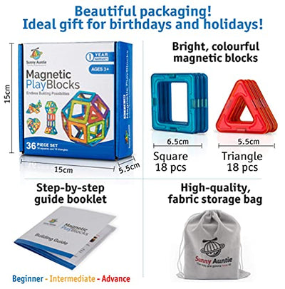 Magnetische Bausteine Spielzeug für 3 4 5 6 7 8 Jahre alte Jungen Mädchen Kinder Kleinkinder MINT-Lernspielzeug Vorschule Kreativgeschenk für 3-8-Jährige, 36 Magnetblöcke als Set in Geschenk-Box - Geschenkapp