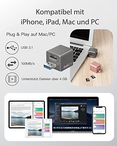 MAKTAR Qubii Pro USB-A Flash-Laufwerk, Automatische Backup während des Ladevorgangs, MFi Zertifiziert Foto-Stick Kompatibel mit iPhone/iPad (ohne MicroSD Karte, Space Grau) - Geschenkapp