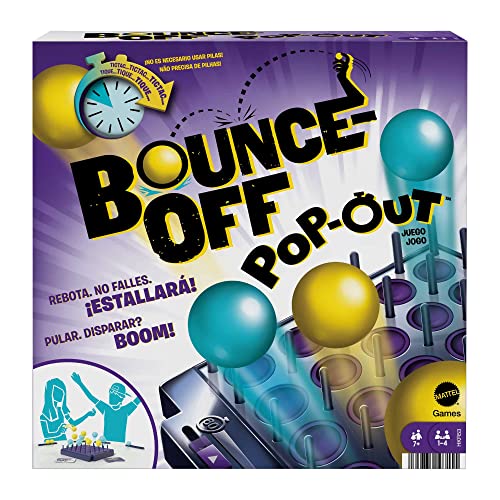 Mattel Games HKR53 - BOUNCE-OFF POP-OUT Partyspiel für Familien, Jugendliche, Erwachsene mit 16 Bällen, 20 Herausforderungskarten, Spielgitter mit Timer, Geschenk für Kinder ab 7 Jahren - Geschenkapp