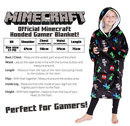Minecraft Decke mit Ärmel Kinder, Kinder Hoodie Decke mit Creeper und Mob Design, Übergroße Kuscheldecke mit Ärmeln 7-14 Jahre, XXL Hoodie Decke Jungen (Schwarz) - Geschenkapp