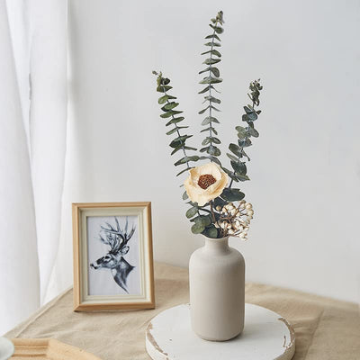 Natürliche getrocknete Blumen mit Vase aus Keramik, Dekoration für trockene Pflanzen, bestehend aus Eukalyptusblättern, weiße Mohnblume, weiße Früchte, ideal zur Dekoration des Zimmers - Geschenkapp