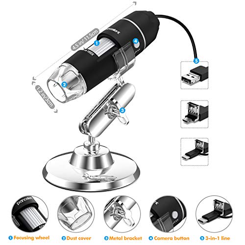 Pancellent Digitalmikroskop, 1080P 50X bis 1000X USB-Vergrößerungsmikroskopie mit 8 LEDs, 12er-Pack-Diasammlung (Erste Schritte, Nicht iPhone/iPad, Schwarz) - Geschenkapp