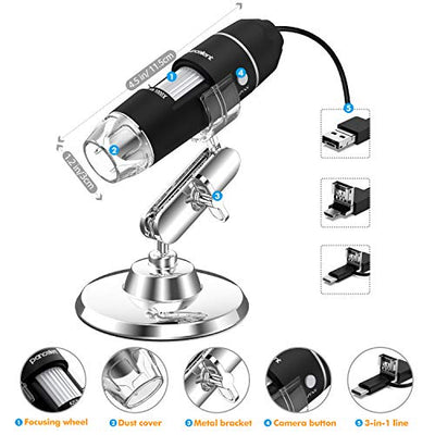 Pancellent Digitalmikroskop, 1080P 50X bis 1000X USB-Vergrößerungsmikroskopie mit 8 LEDs, 12er-Pack-Diasammlung (Erste Schritte, Nicht iPhone/iPad, Schwarz) - Geschenkapp