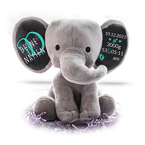 Personalisierte Geschenke Baby Elefant Junge Kuscheltier Mädchen Plüsch Geschenkidee zur Geburt & Taufe personalisiert mit Namen Geburtsdaten Taufspruch (Grau) - Geschenkapp