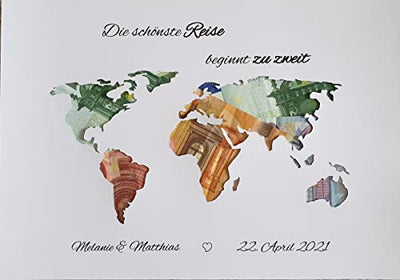 personalisiertes Geldgeschenk zur Hochzeit - Motiv "Weltkarte" (1 - mit Bilderrahmen in weiß) - Geschenkapp